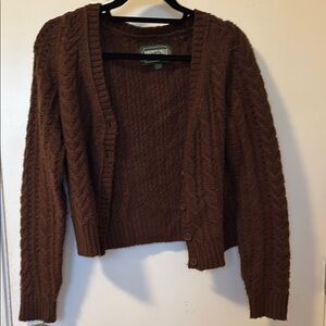 Brown Cable Knit Cardigan Cropped Sweater